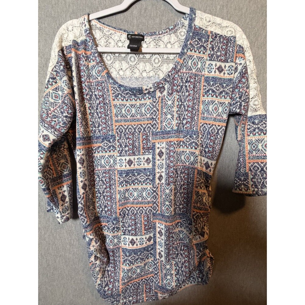 NEW DIRECTIONS Women's M Blue Orange Patterned Lace Yoke 3/4 Sleeve Pullover Top